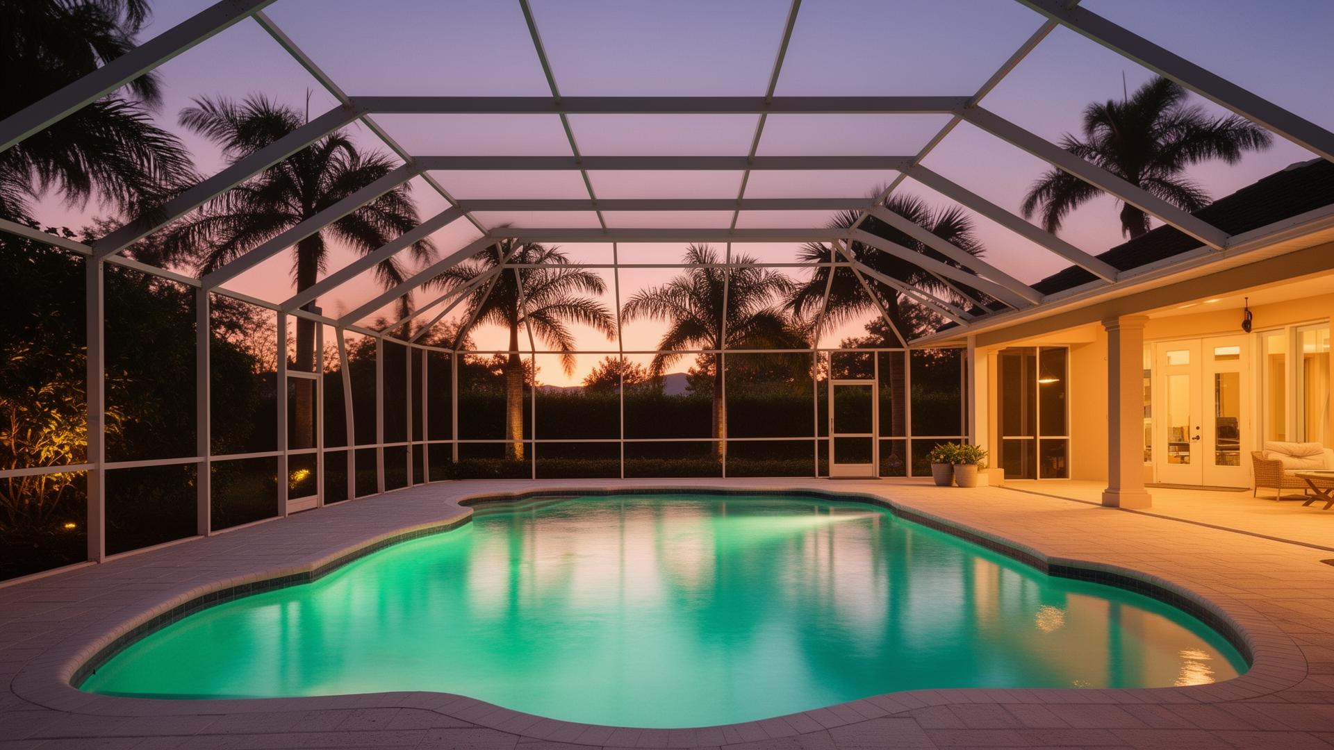 Pool enclosure at twilight